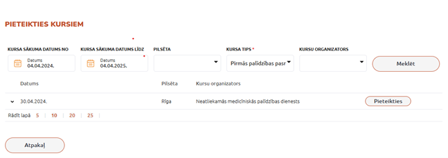 pieteikšanās kursiem un dažādi filtri, piemēram, meklēt pēc kursa tipa, vietas, datuma