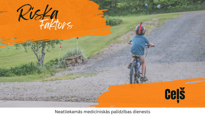 Riska Faktors - ceļš - fonā bērns brauc ar velosipēdu