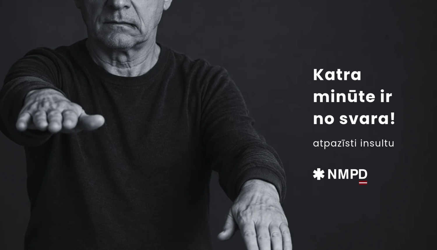Cilvēkam noslīdējis mutes kaktiņš un viena roka ir vājāka. Pazīmes par insultu