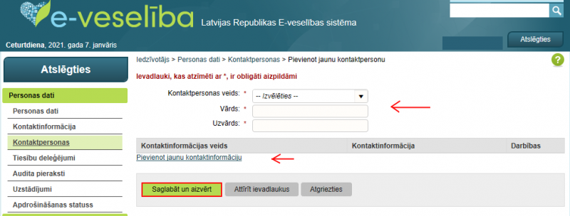 eveselības portāls - kontaktpersonu ievades lauki
