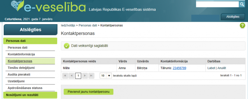 Attēlā redzama sekmīga kontaktpersonu norādīšana portālā eveselība