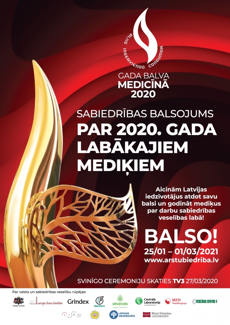 Plakāts par Gada balvu medicīnā 2020. Iespēja balsot par 2020. gada labākajiem mediķiem