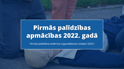 Informatīva bilde - Pirmās palīdzības apmācības 2022.gadā, fonā cilvēks veic KPR uz manekena