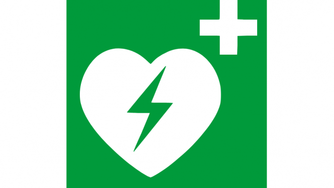 automātisko ārējo defibrilatoru atpazīstamības zīme -  uz zaļa fona sirds, kurai virsū ir zibens ikona