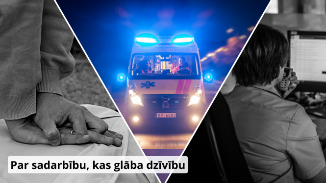 ilustratīvi redzamas trīs bildes - tiek veikti atdzīvināšanas pasākumi, mediķi ar operatīvo auto traucas palīgā un dispečercentra ārste sniedz pirmās palīdzības padomus pa telefonu