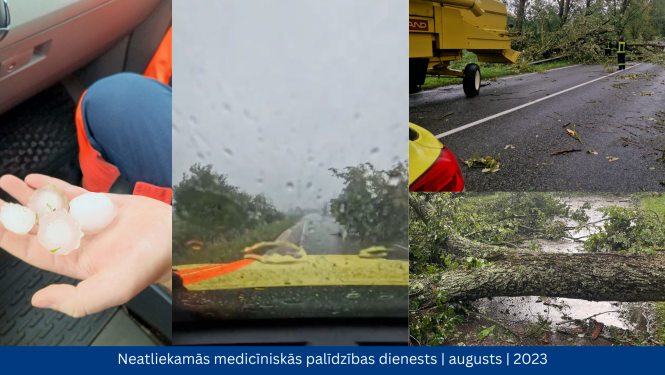 NMPD darbinieku bildes ar vētras postījumiem - lieli krusas graudi rokās, nogāzušies koki pār ceļu