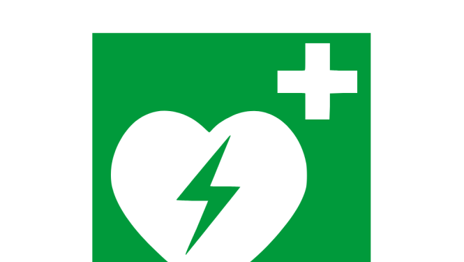 automātisko ārējo defibrilatoru atpazīstamības zīme -  uz zaļa fona sirds, kurai virsū ir zibens ikona