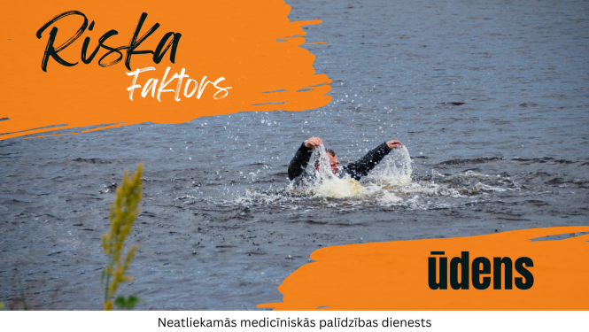 Riska faktors - ūdens - fona bildē imitēta situācija, ka ūdenī slīkst cilvēks