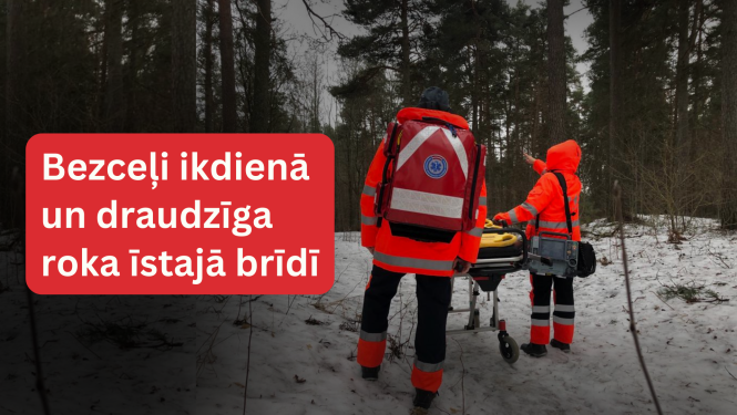 NMPD brigāde dodas mežā sniegt palīdzību cietušajam. Ārā redzama ziema.