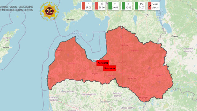 Meteo karte ar sarkano brīdinājumu par bīstamu karstumu