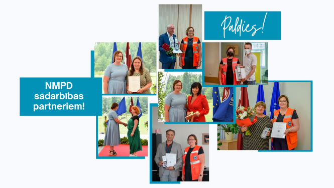 Kolāža ar bildēm, kā NMPD pasniedz NMPD apbalvojumus sadarbības partneriem
