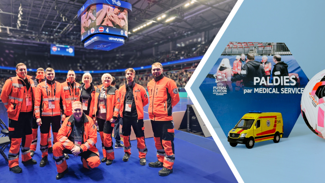 NMPD mediķi oranžās formās fonā Arēna Rīga