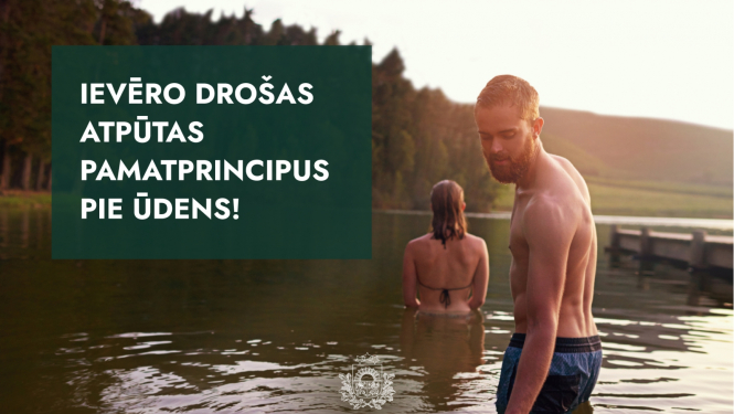 vizuālis - ievēro drošas atpūtas pamatprincipus pie ūdens. 2 cilvēki stāv ūdenī