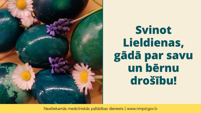 Vizuāls materiāls par drošu Lieldienu svinēšanu. Attēlā redzamas krāsotas Lieldienu olas zaļgani zilā krāsā.