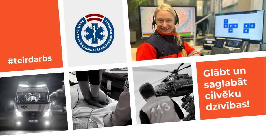 te ir darbs dispečeriem. Vizuālī redzams dienesta logo un 4 dienestu raksturojošas bildes - smaidīgs dispečers ar austiņām uz ausīm sēž pie datora ekrāniem