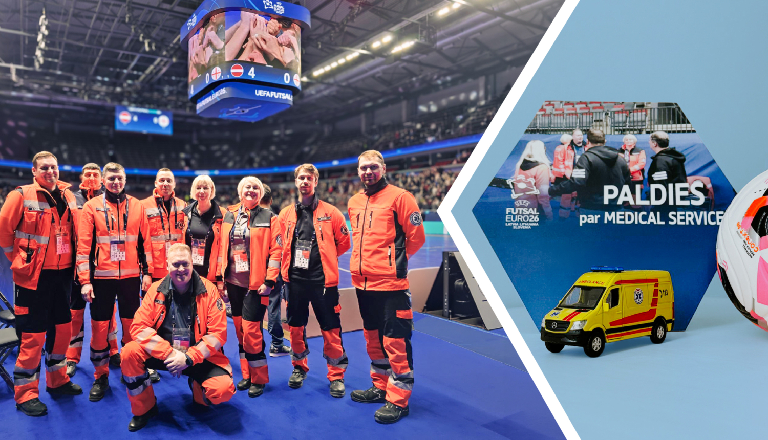 NMPD mediķi oranžās formās fonā Arēna Rīga