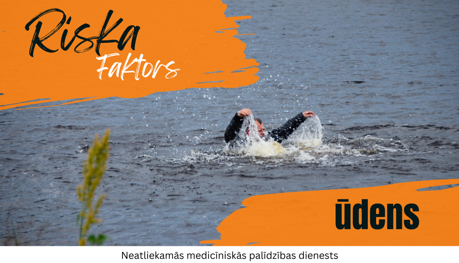 Riska faktors - ūdens - fona bildē imitēta situācija, ka ūdenī slīkst cilvēks