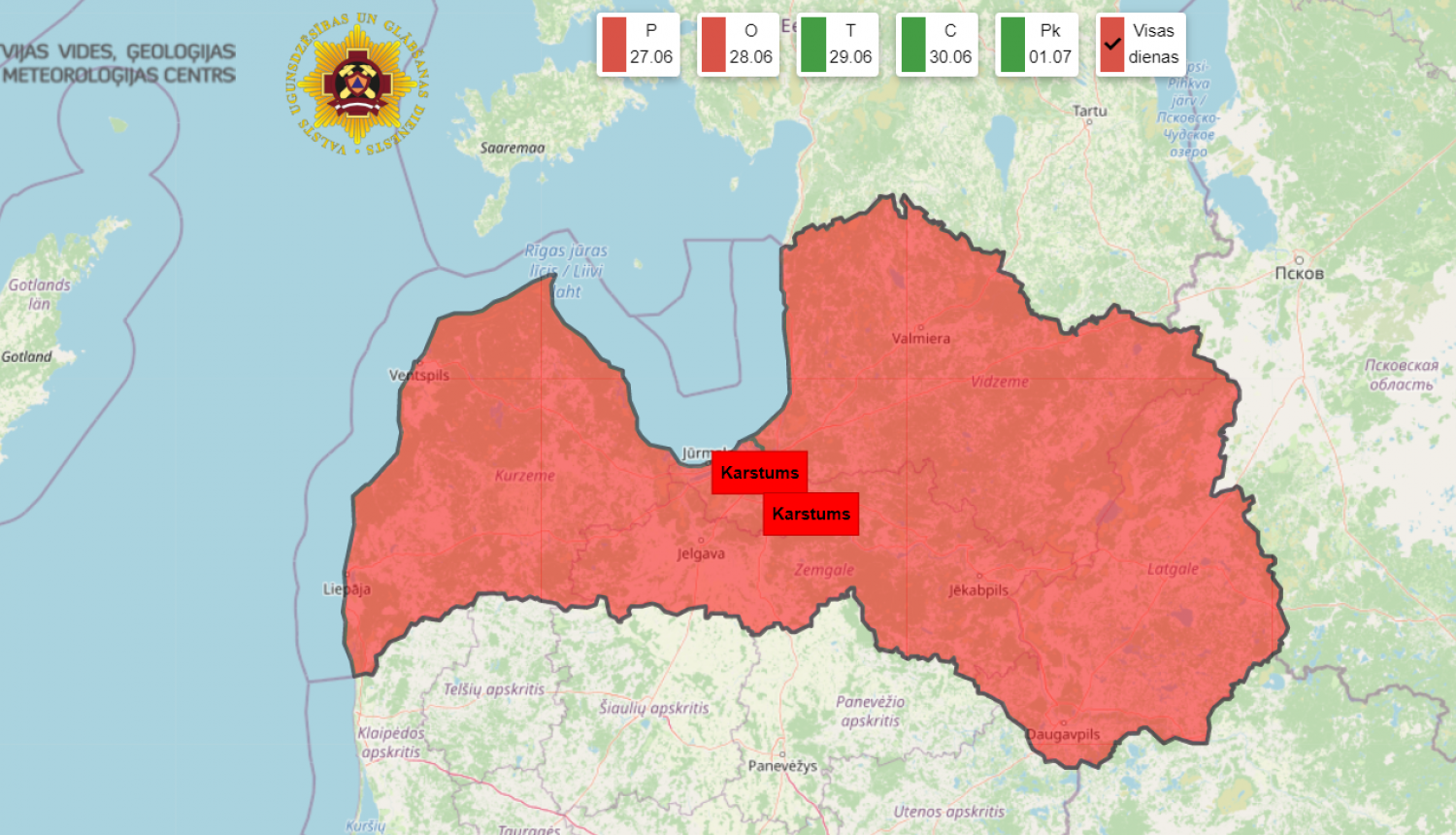 Meteo karte ar sarkano brīdinājumu par bīstamu karstumu