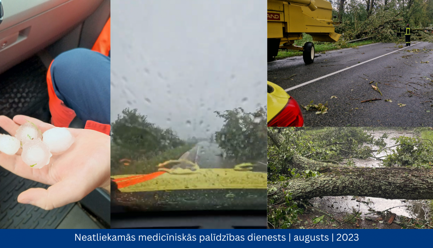 NMPD darbinieku bildes ar vētras postījumiem - lieli krusas graudi rokās, nogāzušies koki pār ceļu